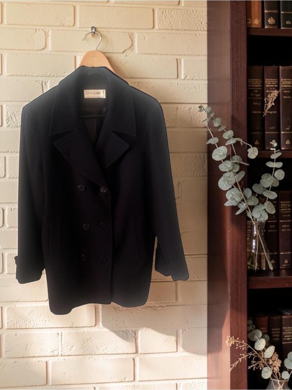 Vintage 90s Sandro 100% Wool Double Breasted Pea Coat Navy Blue Size 10